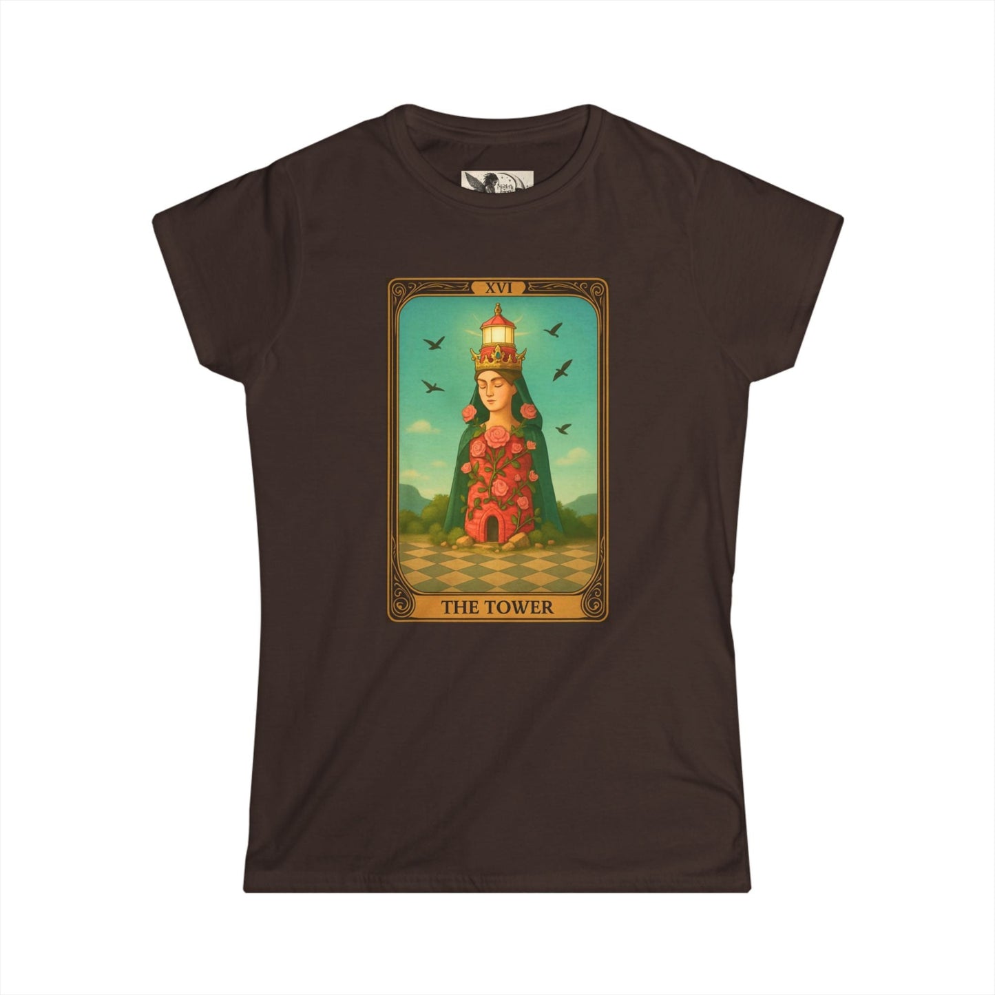 Women's softstyle tee with Tower tarot card graphic, comfortable casual astrology apparel