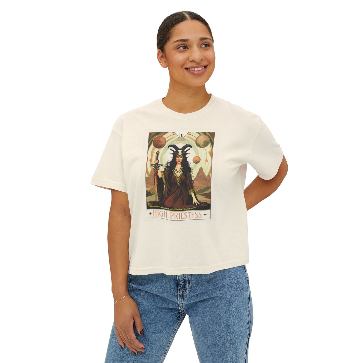 Mystical High Priestess Boxy Tee, Witchy Graphic Tee, Bohemian Oversized Shirt, Spiritual Fashion, Tarot Inspired Top
