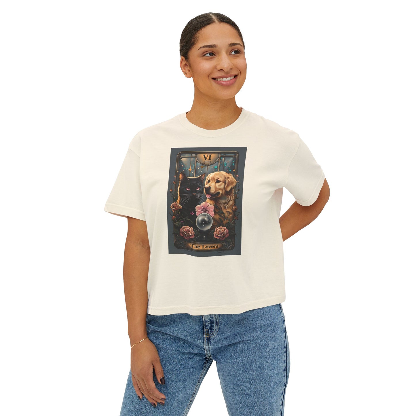 The Lovers Tarot with Black Cat and Golden Retriever, Casual Summer Top