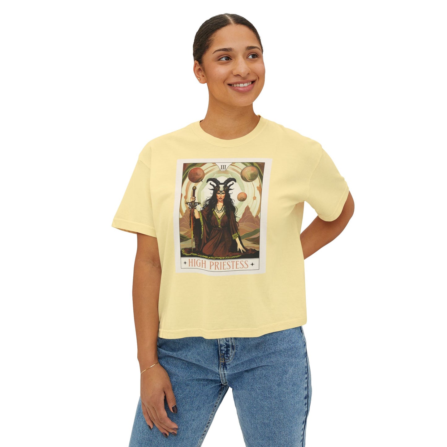 Mystical High Priestess Boxy Tee, Witchy Graphic Tee, Bohemian Oversized Shirt, Spiritual Fashion, Tarot Inspired Top