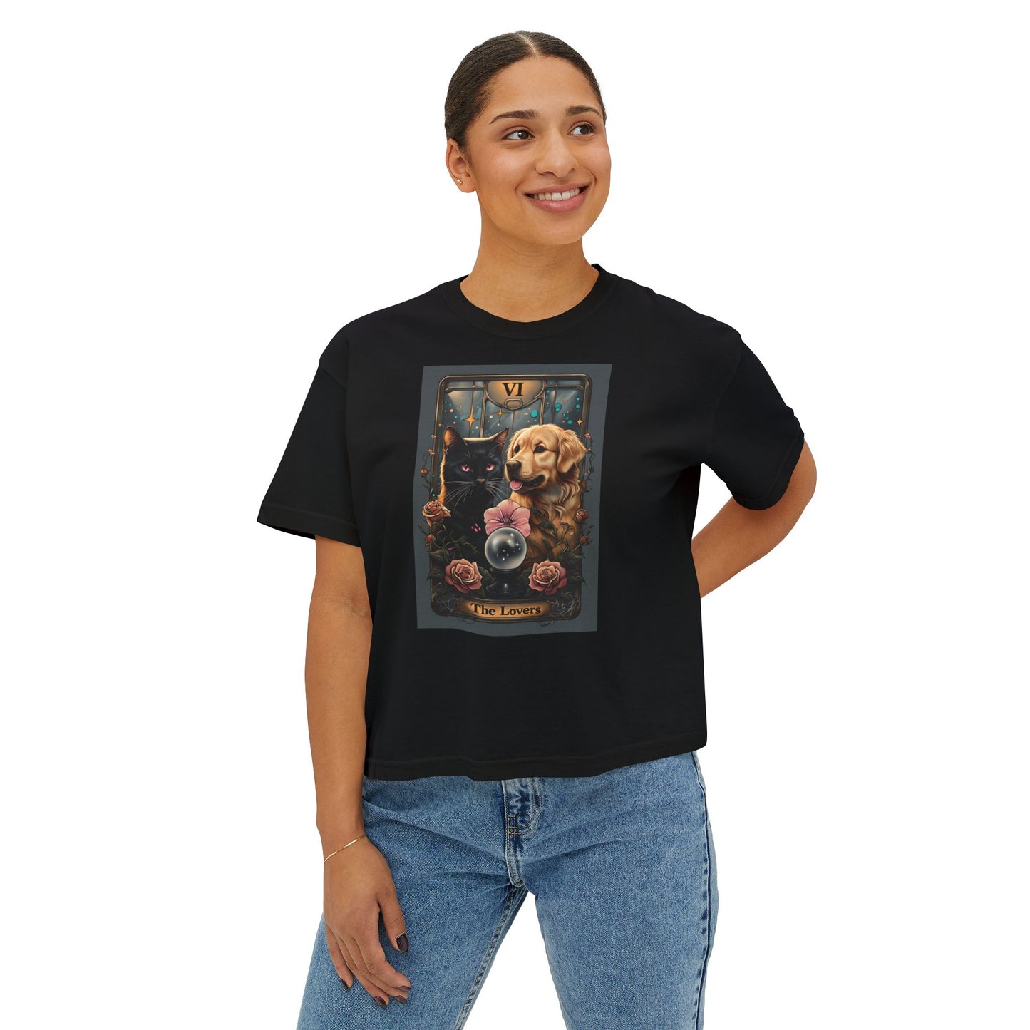The Lovers Tarot with Black Cat and Golden Retriever, Casual Summer Top
