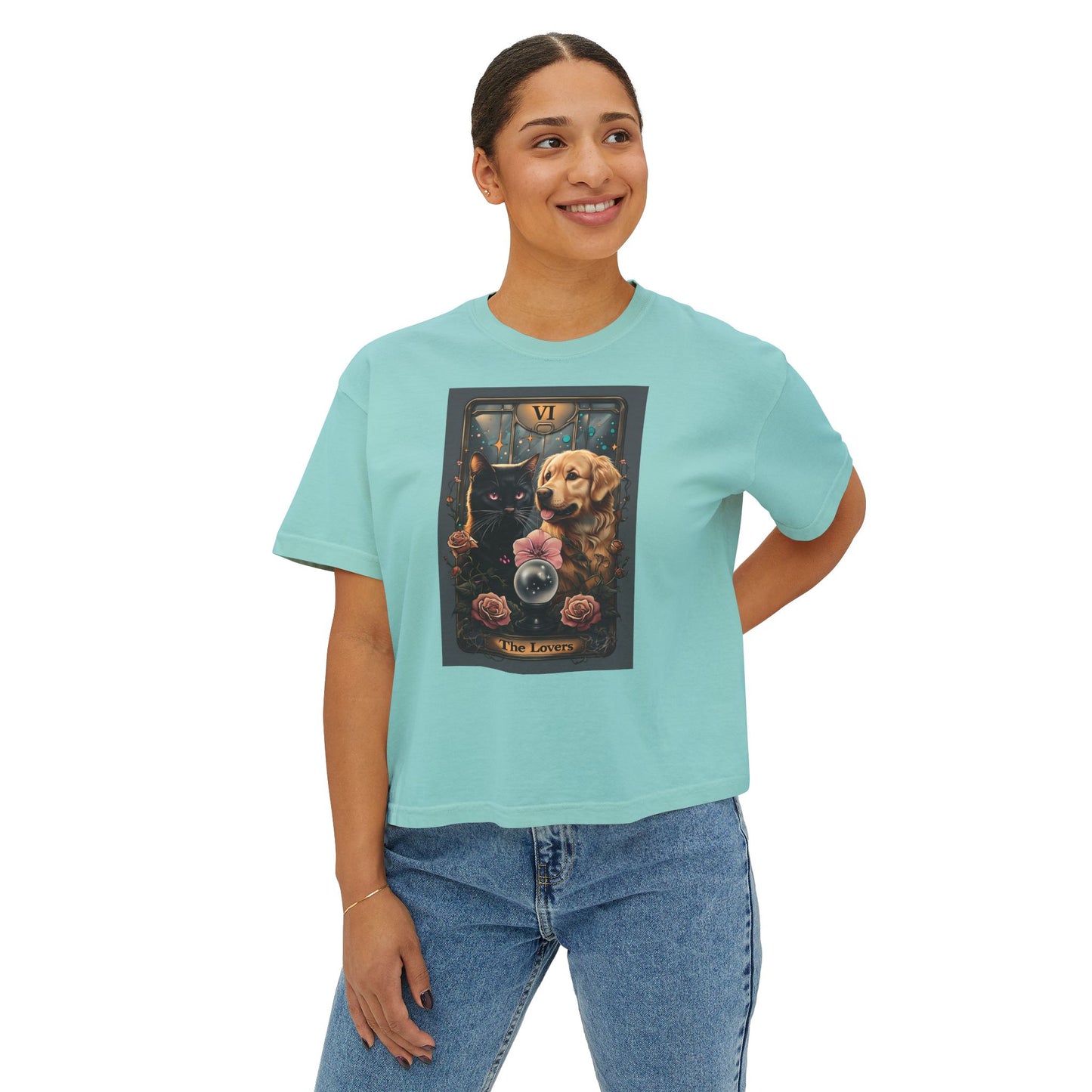 The Lovers Tarot with Black Cat and Golden Retriever, Casual Summer Top