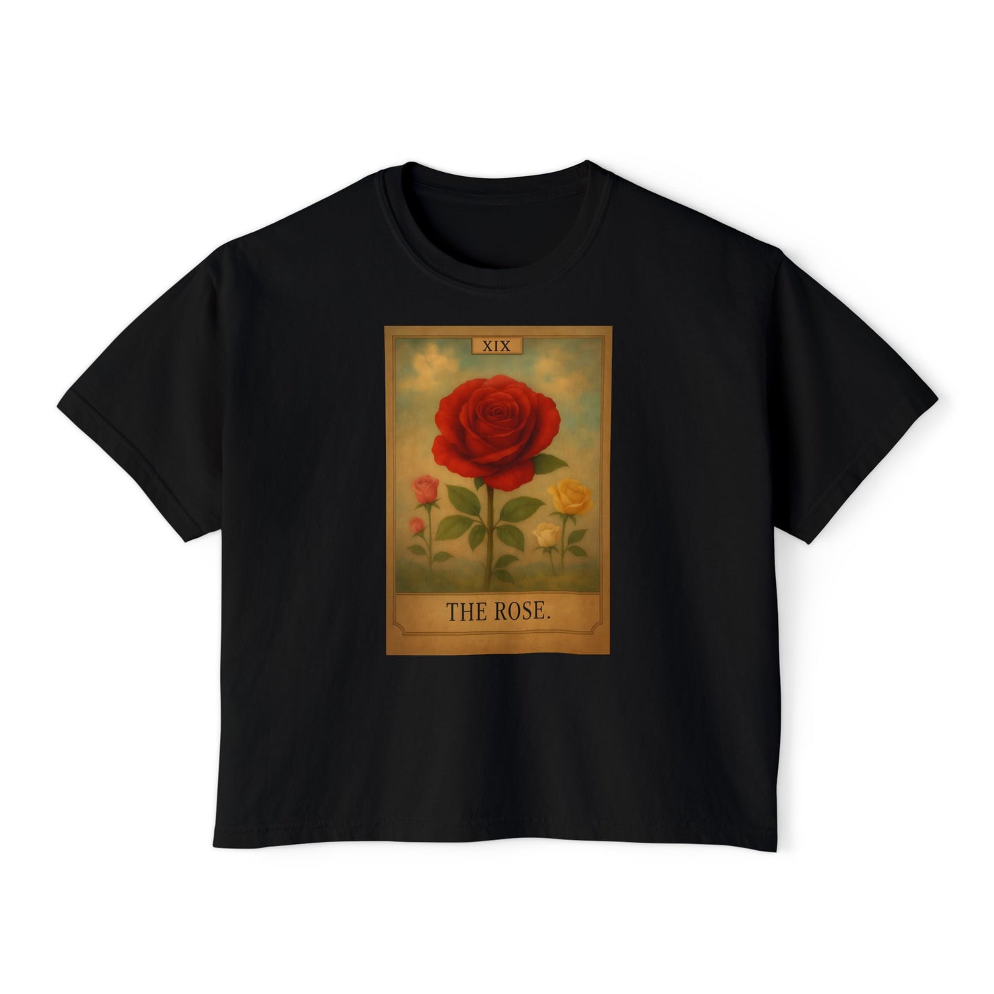 Vintage The Rose Tarot Design Boxy Tee, Comfortable Casual Shirt, Gift for Her, Spring Fashion, Rose Graphic Tee, Everyday Wear