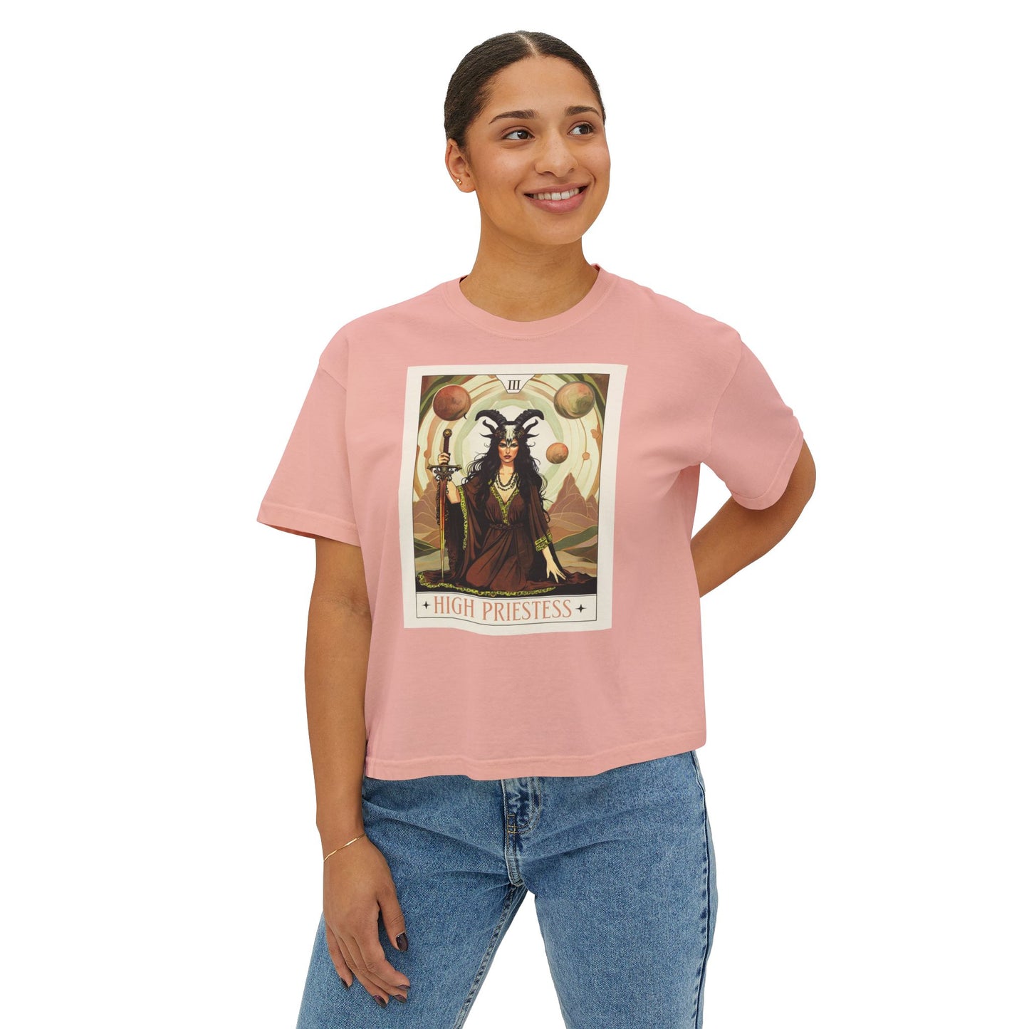 Mystical High Priestess Boxy Tee, Witchy Graphic Tee, Bohemian Oversized Shirt, Spiritual Fashion, Tarot Inspired Top