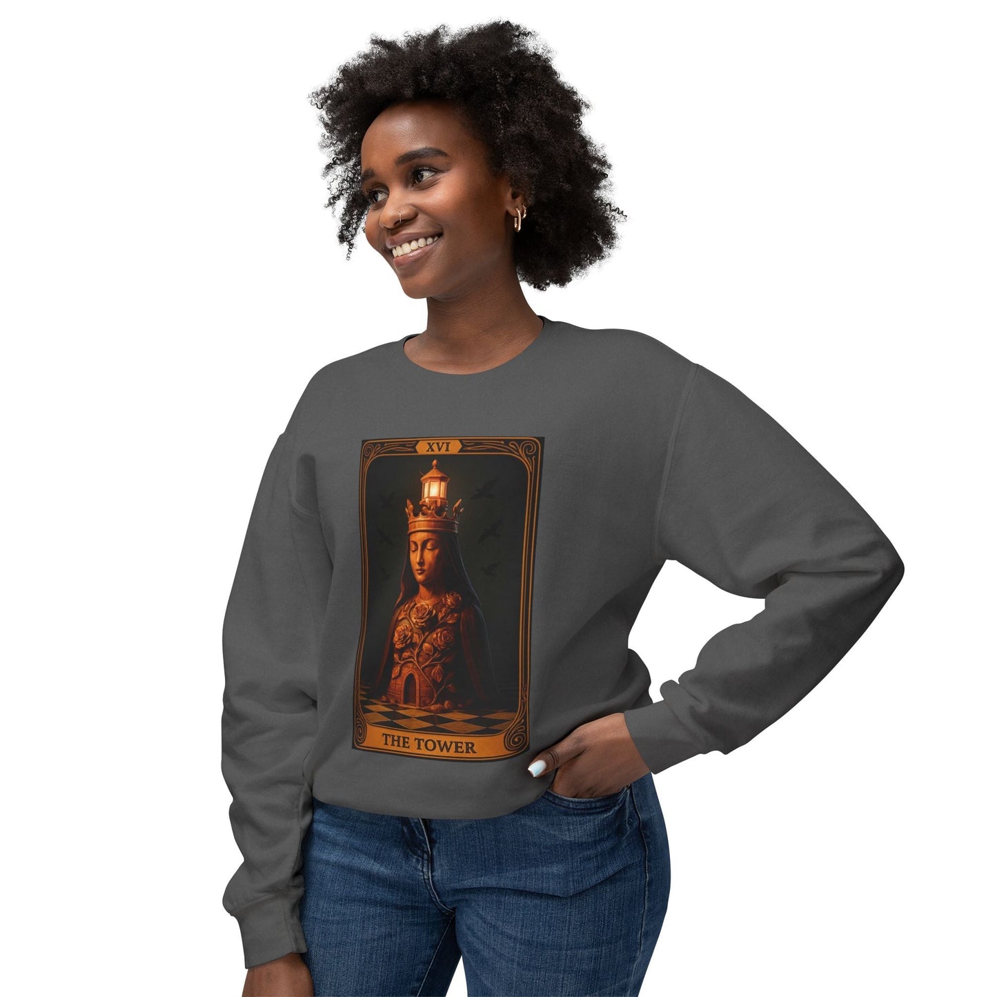 The Tower Tarot Crewneck Sweatshirt with unique mystical card graphic, cozy unisex lightweight cotton design for casual wear