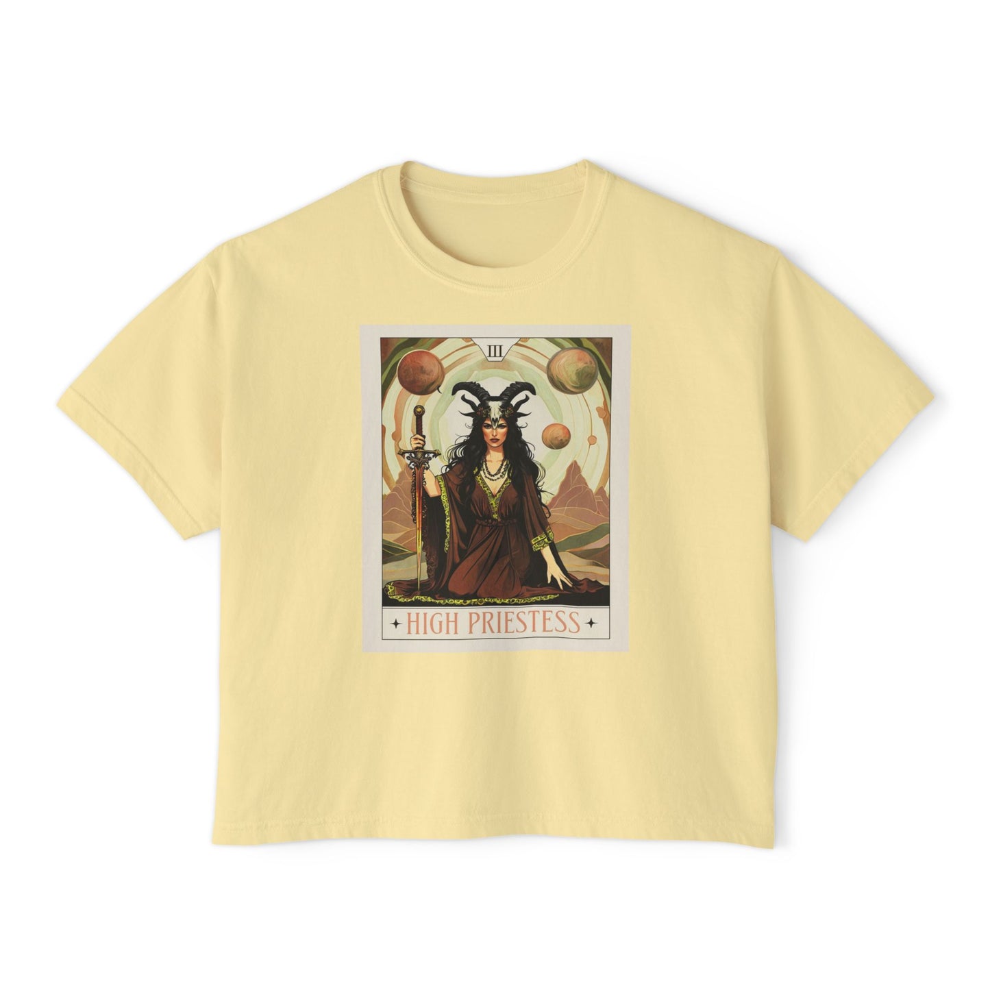 Mystical High Priestess Boxy Tee, Witchy Graphic Tee, Bohemian Oversized Shirt, Spiritual Fashion, Tarot Inspired Top