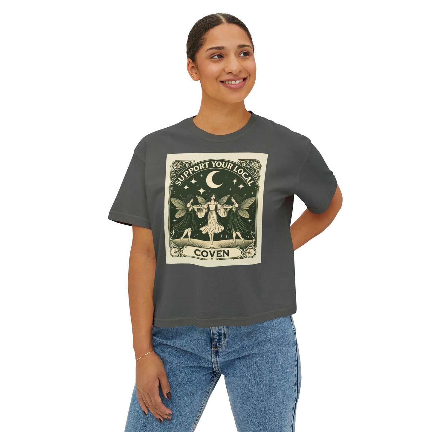 Support Your Local Coven Women's Boxy Tee - Witchy T-Shirt, Casual Clothing, Halloween Outfit, Boho Style, Gift for Her
