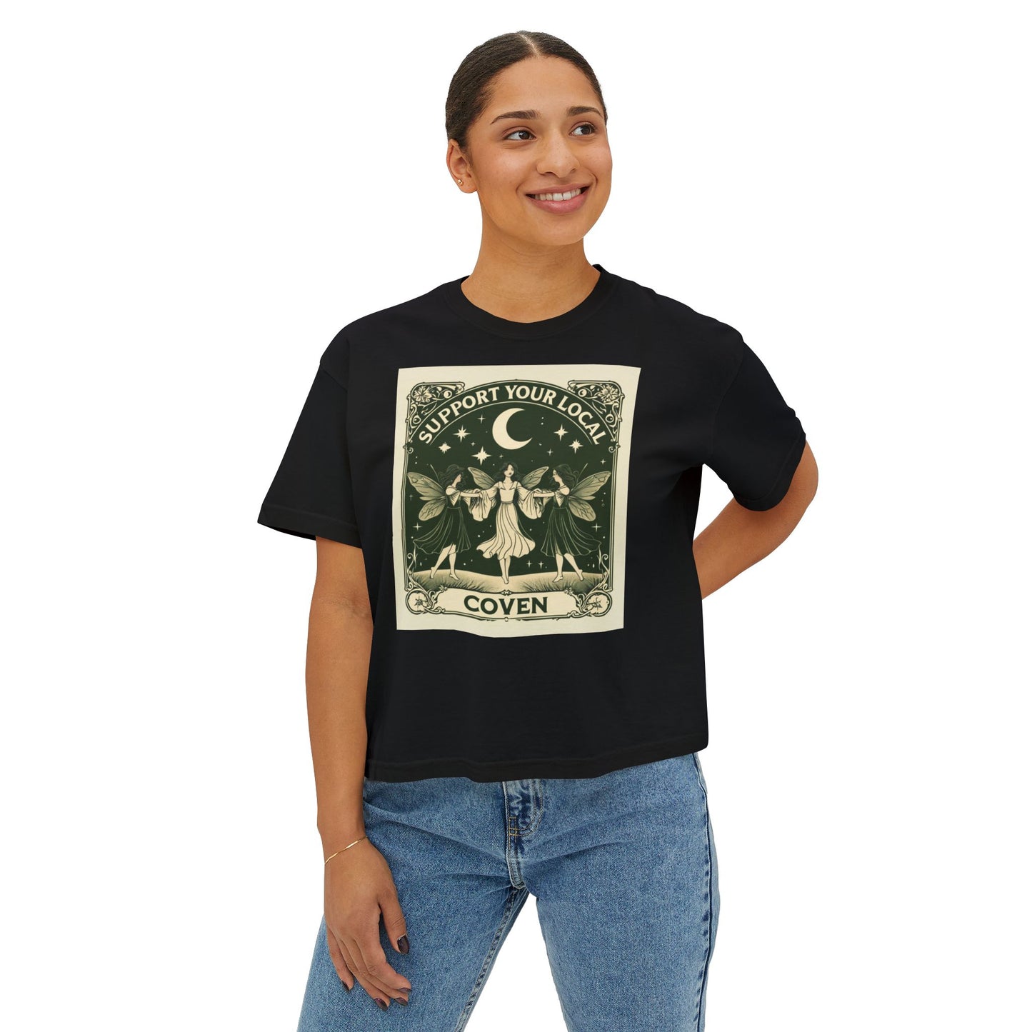 Support Your Local Coven Women's Boxy Tee - Witchy T-Shirt, Casual Clothing, Halloween Outfit, Boho Style, Gift for Her