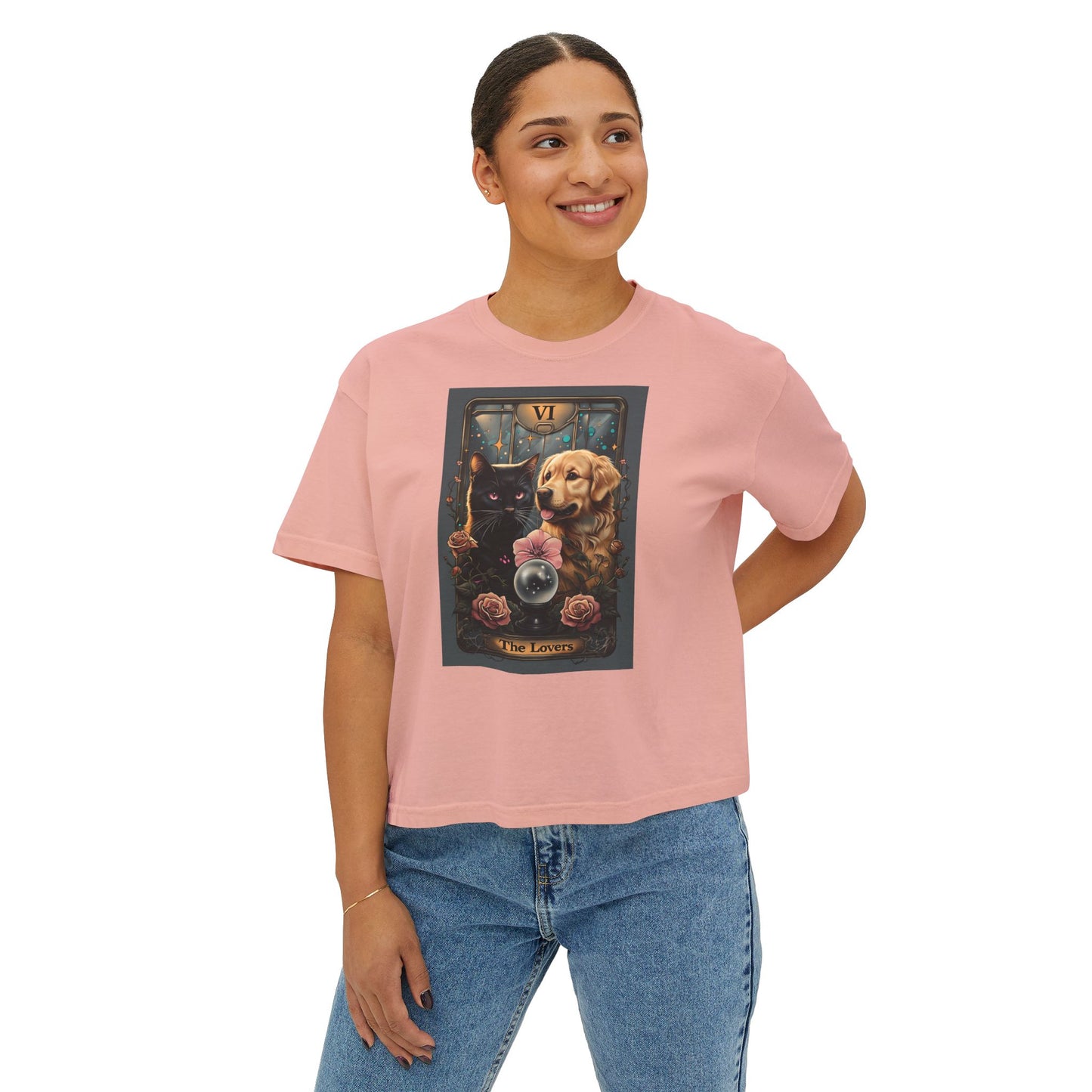 The Lovers Tarot with Black Cat and Golden Retriever, Casual Summer Top