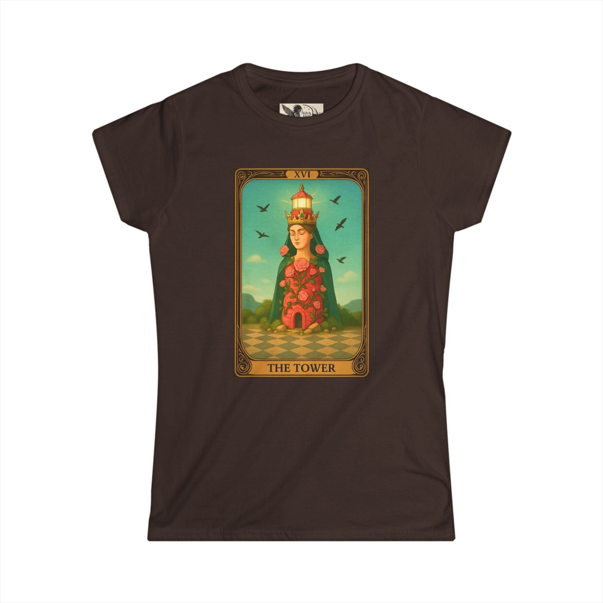 Women's softstyle tee with Tower tarot card graphic, comfortable casual astrology apparel