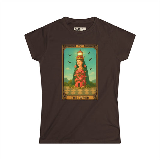 Women's softstyle tee with Tower tarot card graphic, comfortable casual astrology apparel
