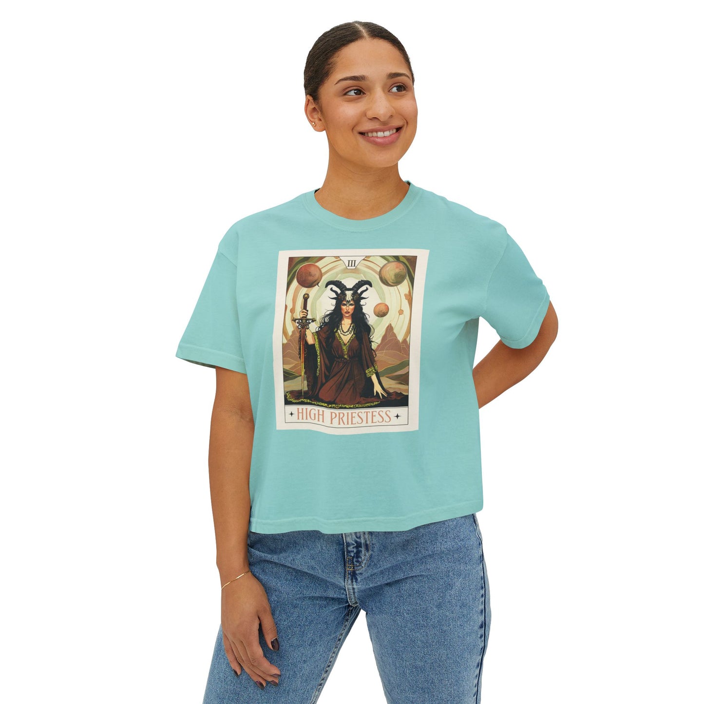 Mystical High Priestess Boxy Tee, Witchy Graphic Tee, Bohemian Oversized Shirt, Spiritual Fashion, Tarot Inspired Top