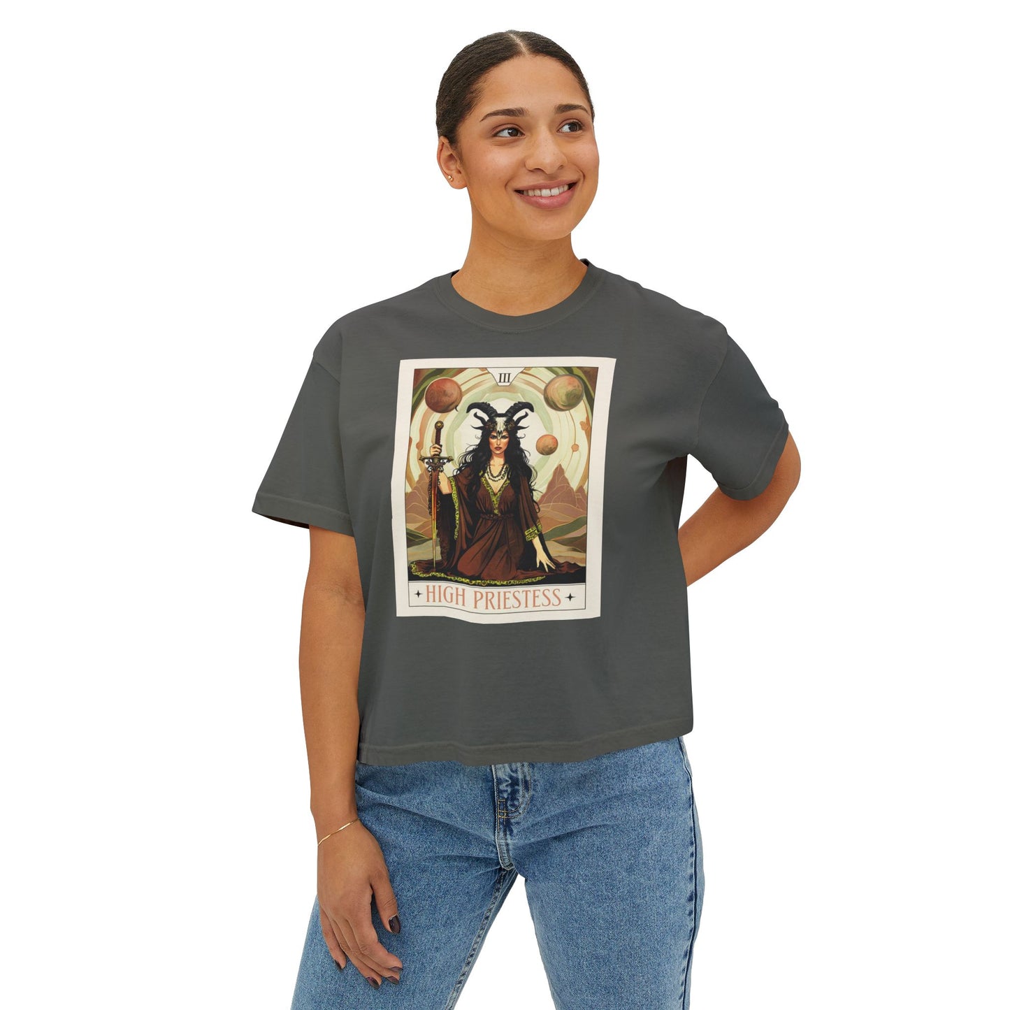 Mystical High Priestess Boxy Tee, Witchy Graphic Tee, Bohemian Oversized Shirt, Spiritual Fashion, Tarot Inspired Top