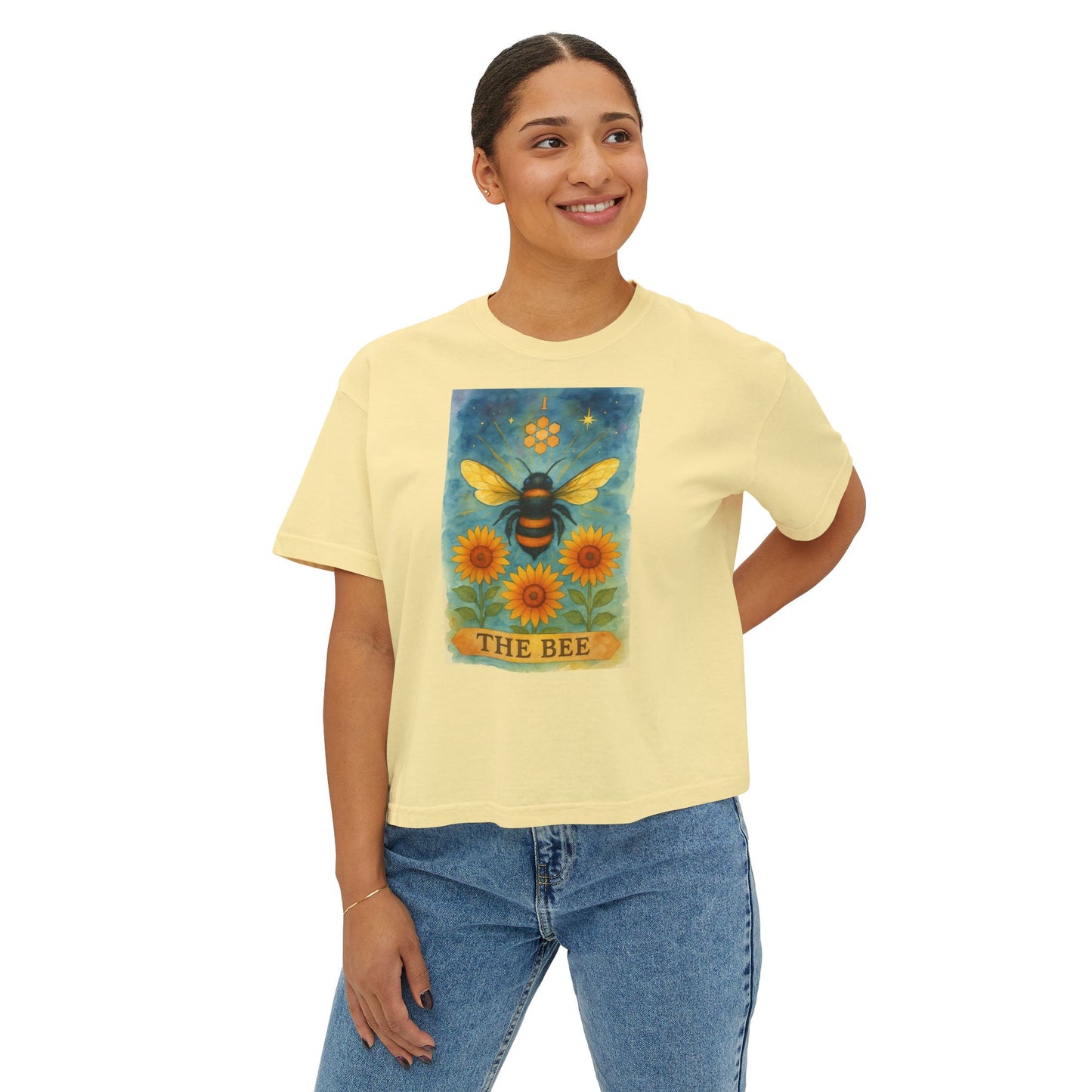 The Bee Tarot Design Women's Boxy Tee, Cute Summer Top, Nature Lover Gift, Eco-Friendly Fashion, Casual Everyday Wear, Bee and Sunflower Shirt