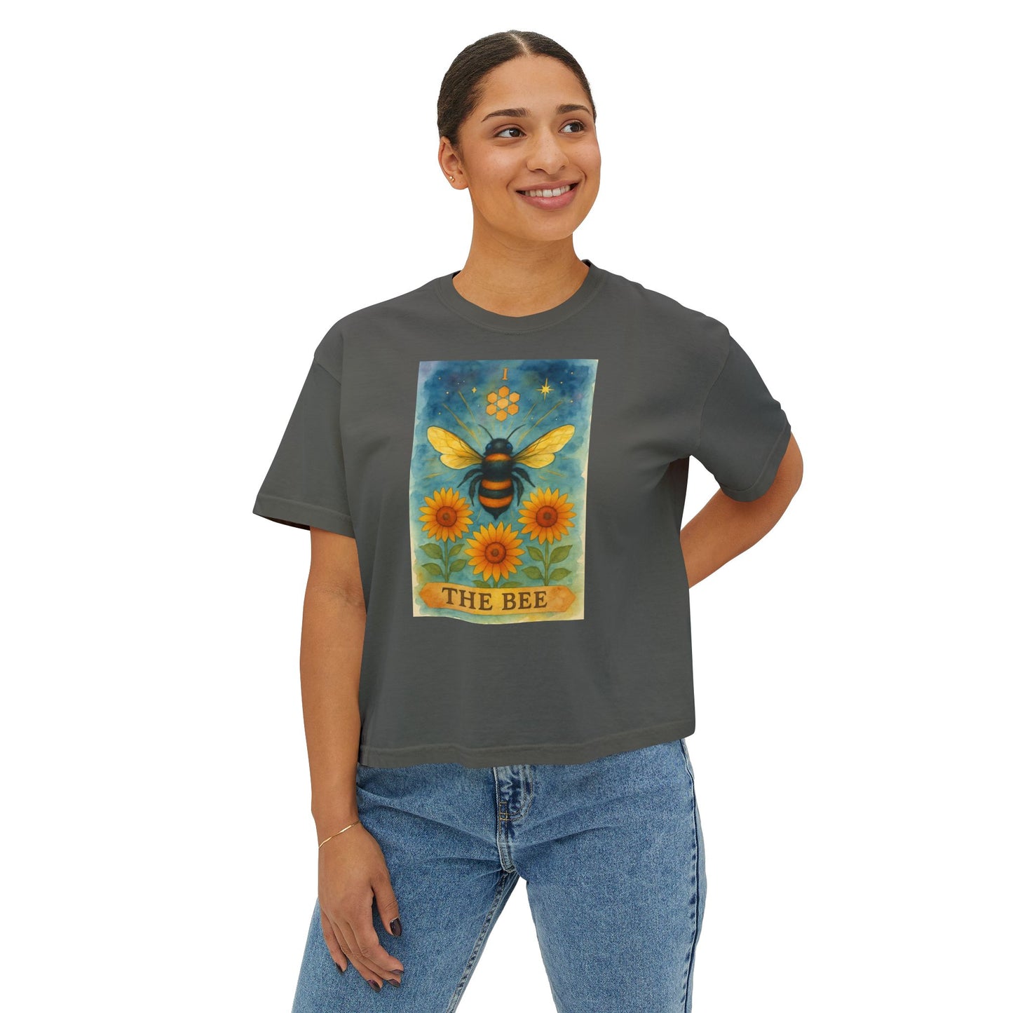 The Bee Tarot Design Women's Boxy Tee, Cute Summer Top, Nature Lover Gift, Eco-Friendly Fashion, Casual Everyday Wear, Bee and Sunflower Shirt