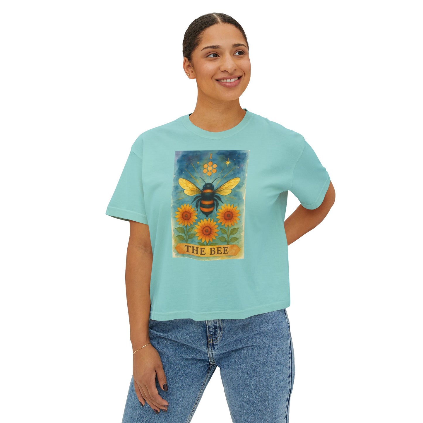 The Bee Tarot Design Women's Boxy Tee, Cute Summer Top, Nature Lover Gift, Eco-Friendly Fashion, Casual Everyday Wear, Bee and Sunflower Shirt