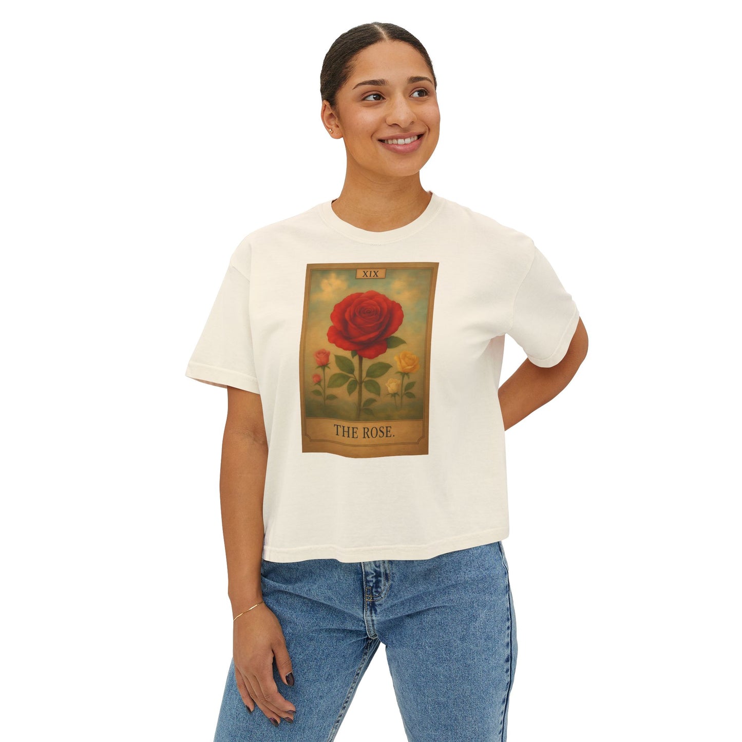 Vintage The Rose Tarot Design Boxy Tee, Comfortable Casual Shirt, Gift for Her, Spring Fashion, Rose Graphic Tee, Everyday Wear