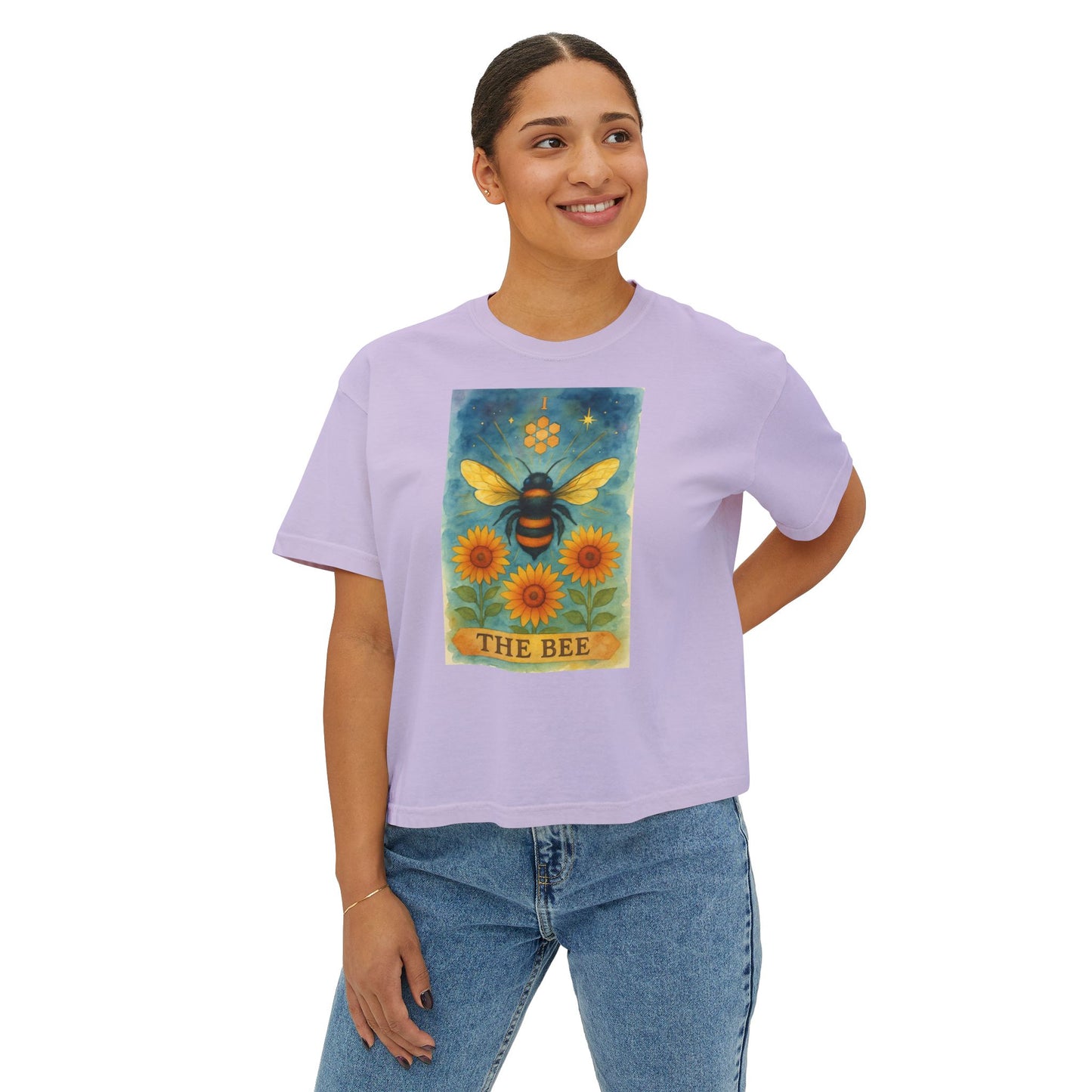 The Bee Tarot Design Women's Boxy Tee, Cute Summer Top, Nature Lover Gift, Eco-Friendly Fashion, Casual Everyday Wear, Bee and Sunflower Shirt