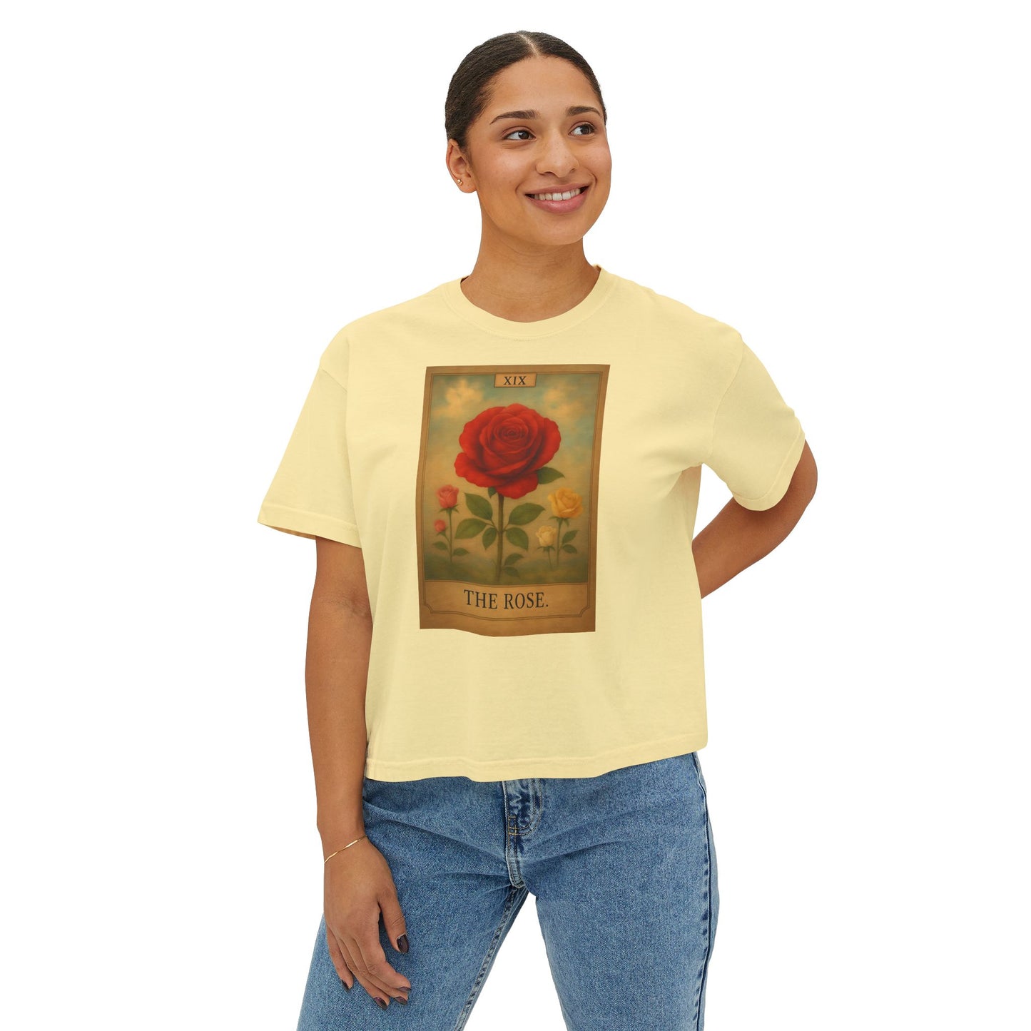 Vintage The Rose Tarot Design Boxy Tee, Comfortable Casual Shirt, Gift for Her, Spring Fashion, Rose Graphic Tee, Everyday Wear
