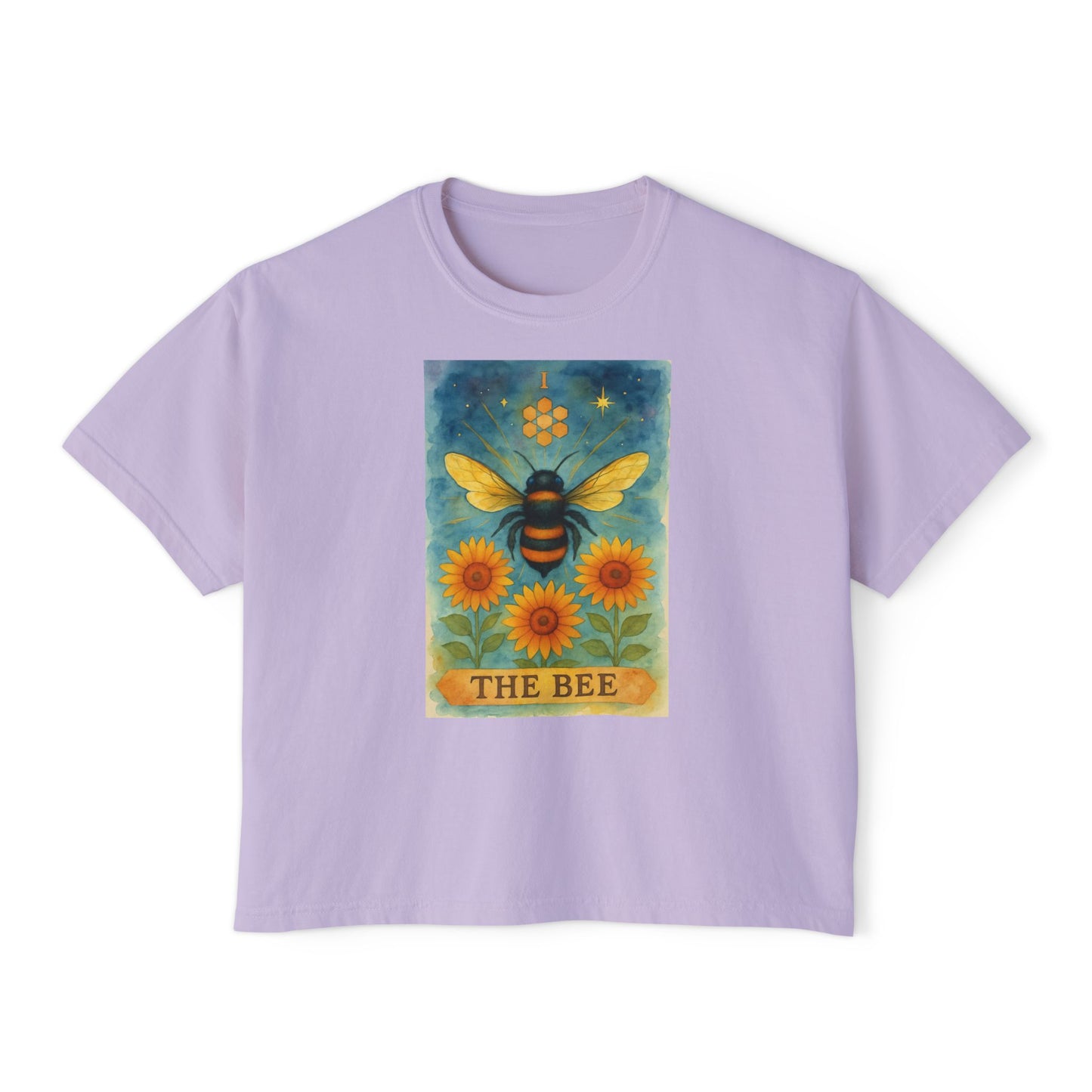 The Bee Tarot Design Women's Boxy Tee, Cute Summer Top, Nature Lover Gift, Eco-Friendly Fashion, Casual Everyday Wear, Bee and Sunflower Shirt