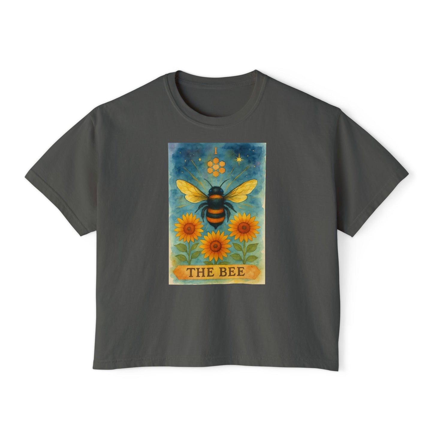 The Bee Tarot Design Women's Boxy Tee, Cute Summer Top, Nature Lover Gift, Eco-Friendly Fashion, Casual Everyday Wear, Bee and Sunflower Shirt