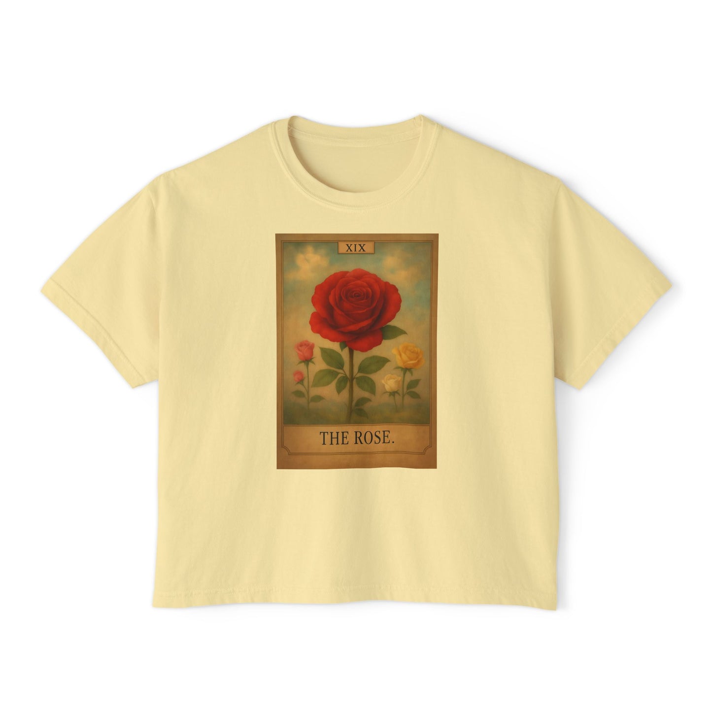 Vintage The Rose Tarot Design Boxy Tee, Comfortable Casual Shirt, Gift for Her, Spring Fashion, Rose Graphic Tee, Everyday Wear