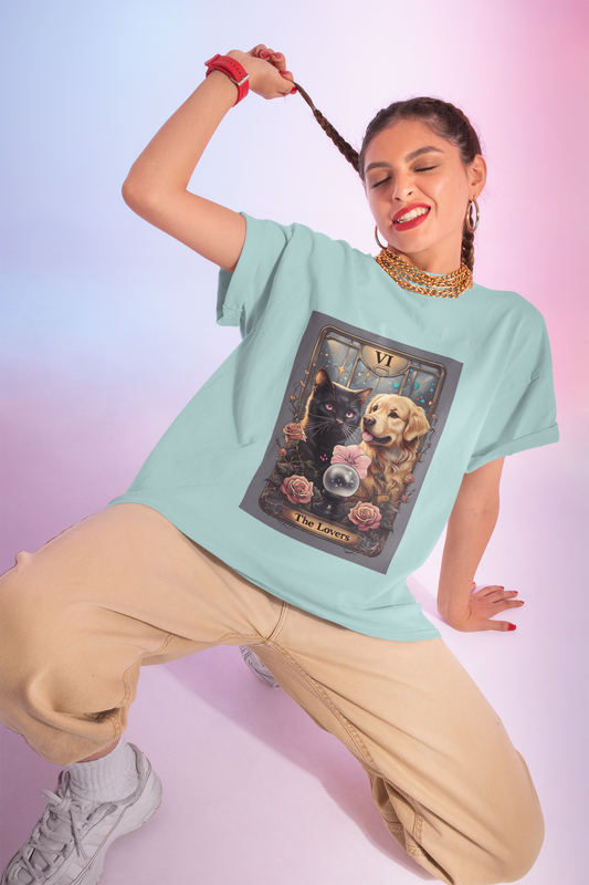 The Lovers Tarot with Black Cat and Golden Retriever, Casual Summer Top