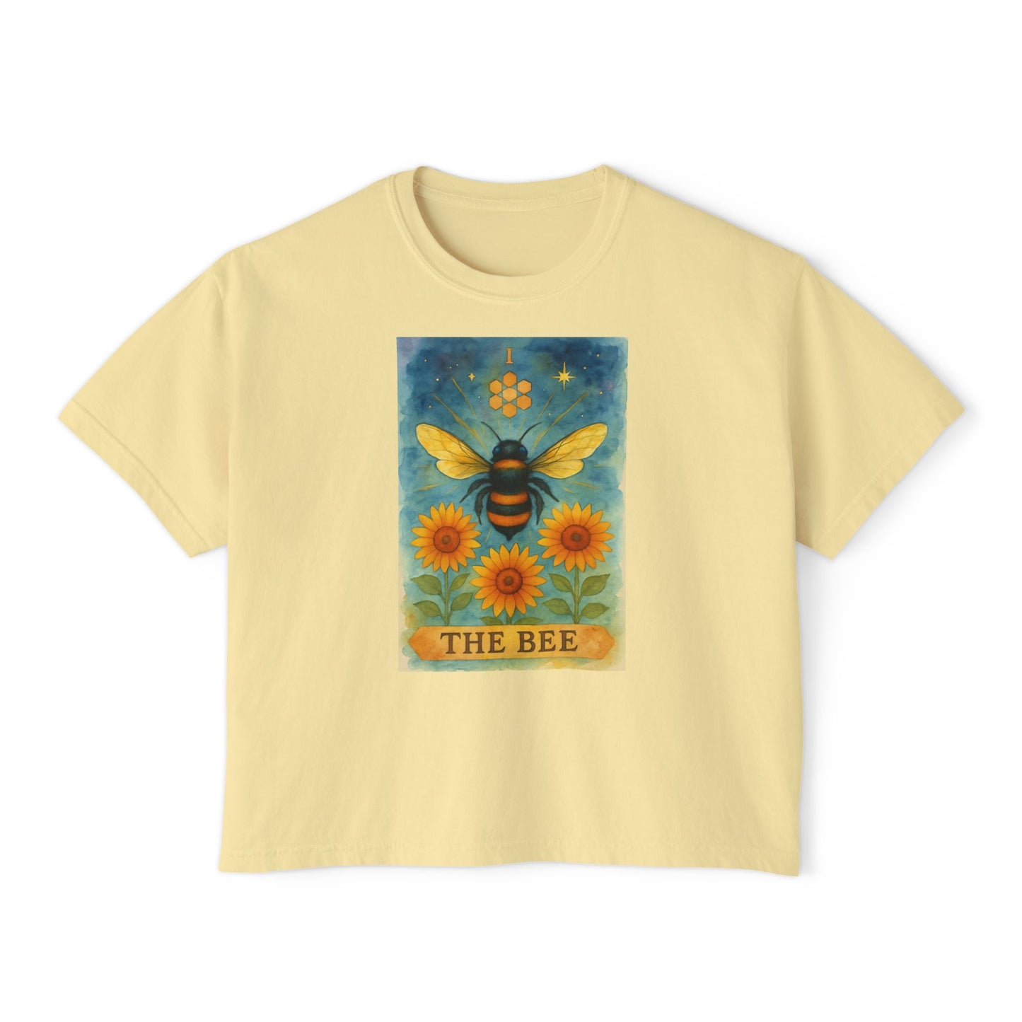The Bee Tarot Design Women's Boxy Tee, Cute Summer Top, Nature Lover Gift, Eco-Friendly Fashion, Casual Everyday Wear, Bee and Sunflower Shirt