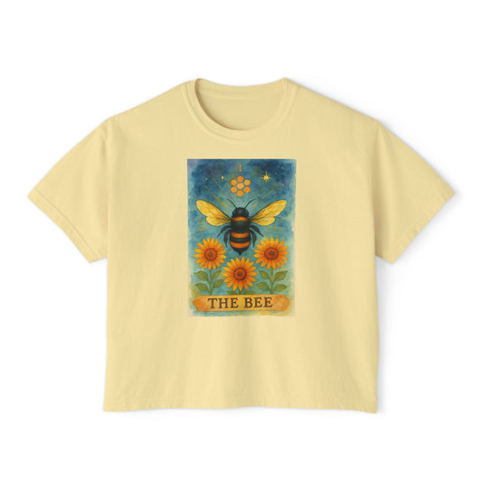 The Bee Tarot Design Women's Boxy Tee, Cute Summer Top, Nature Lover Gift, Eco-Friendly Fashion, Casual Everyday Wear, Bee and Sunflower Shirt