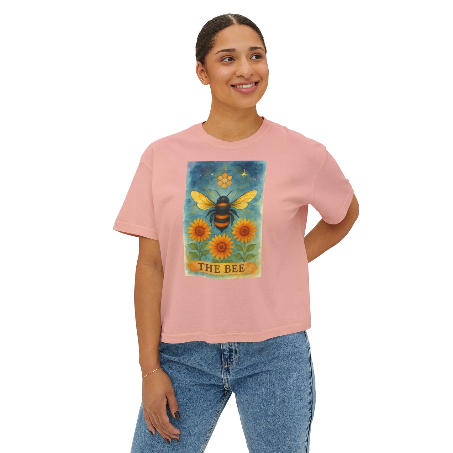 The Bee Tarot Design Women's Boxy Tee, Cute Summer Top, Nature Lover Gift, Eco-Friendly Fashion, Casual Everyday Wear, Bee and Sunflower Shirt