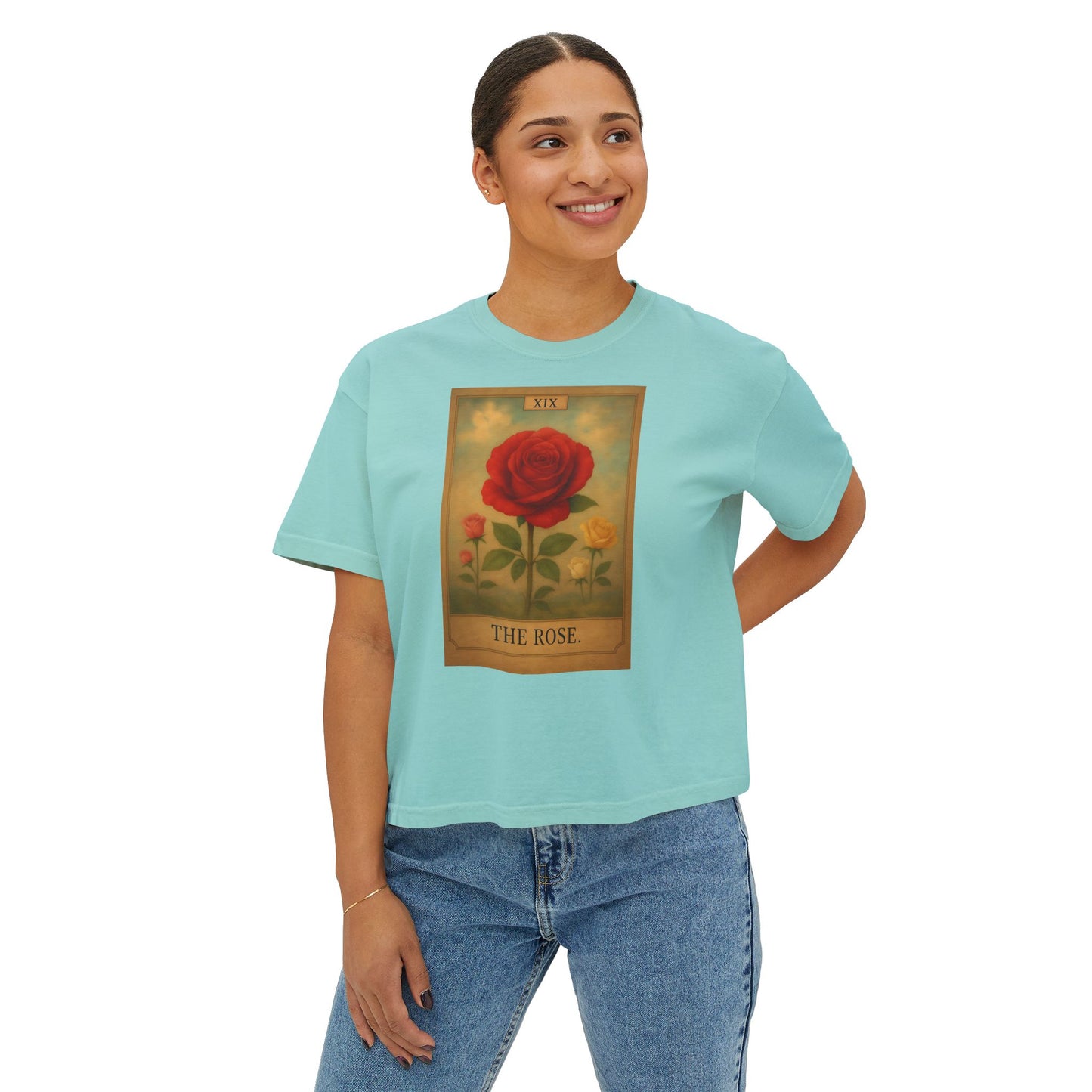Vintage The Rose Tarot Design Boxy Tee, Comfortable Casual Shirt, Gift for Her, Spring Fashion, Rose Graphic Tee, Everyday Wear