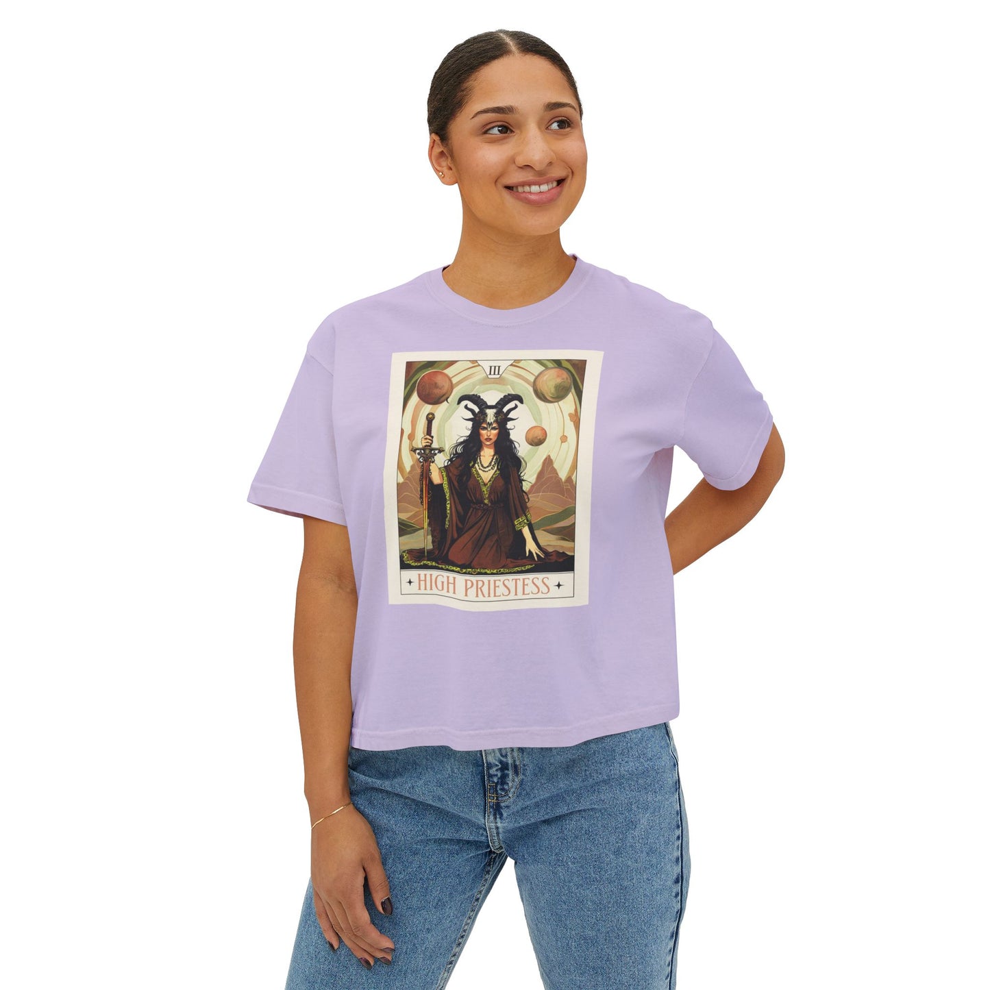 Mystical High Priestess Boxy Tee, Witchy Graphic Tee, Bohemian Oversized Shirt, Spiritual Fashion, Tarot Inspired Top