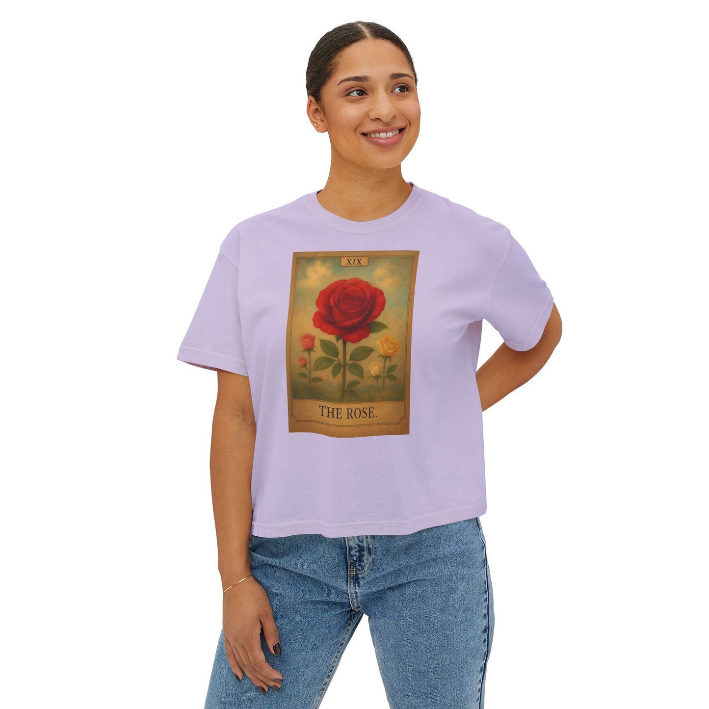 Vintage The Rose Tarot Design Boxy Tee, Comfortable Casual Shirt, Gift for Her, Spring Fashion, Rose Graphic Tee, Everyday Wear