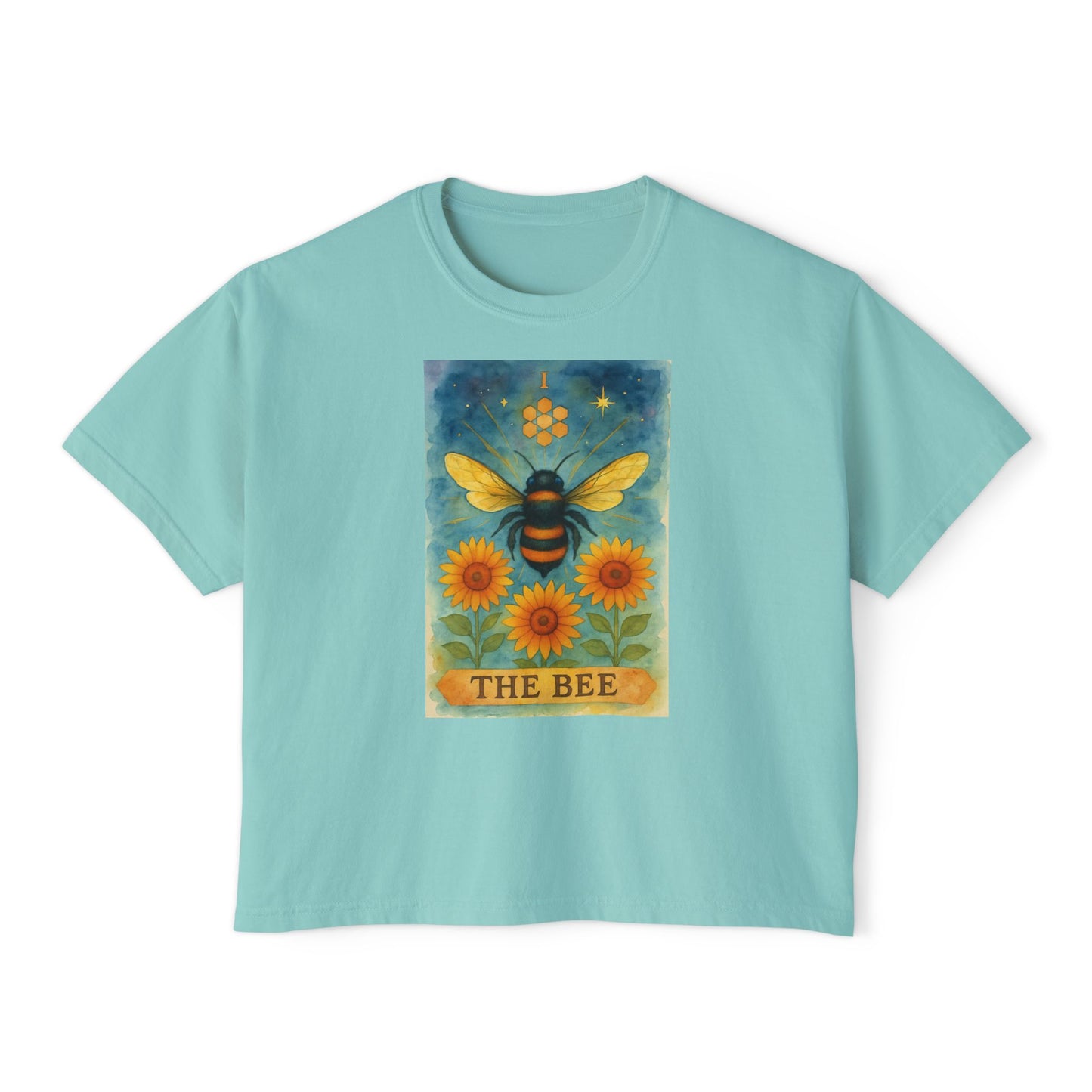 The Bee Tarot Design Women's Boxy Tee, Cute Summer Top, Nature Lover Gift, Eco-Friendly Fashion, Casual Everyday Wear, Bee and Sunflower Shirt