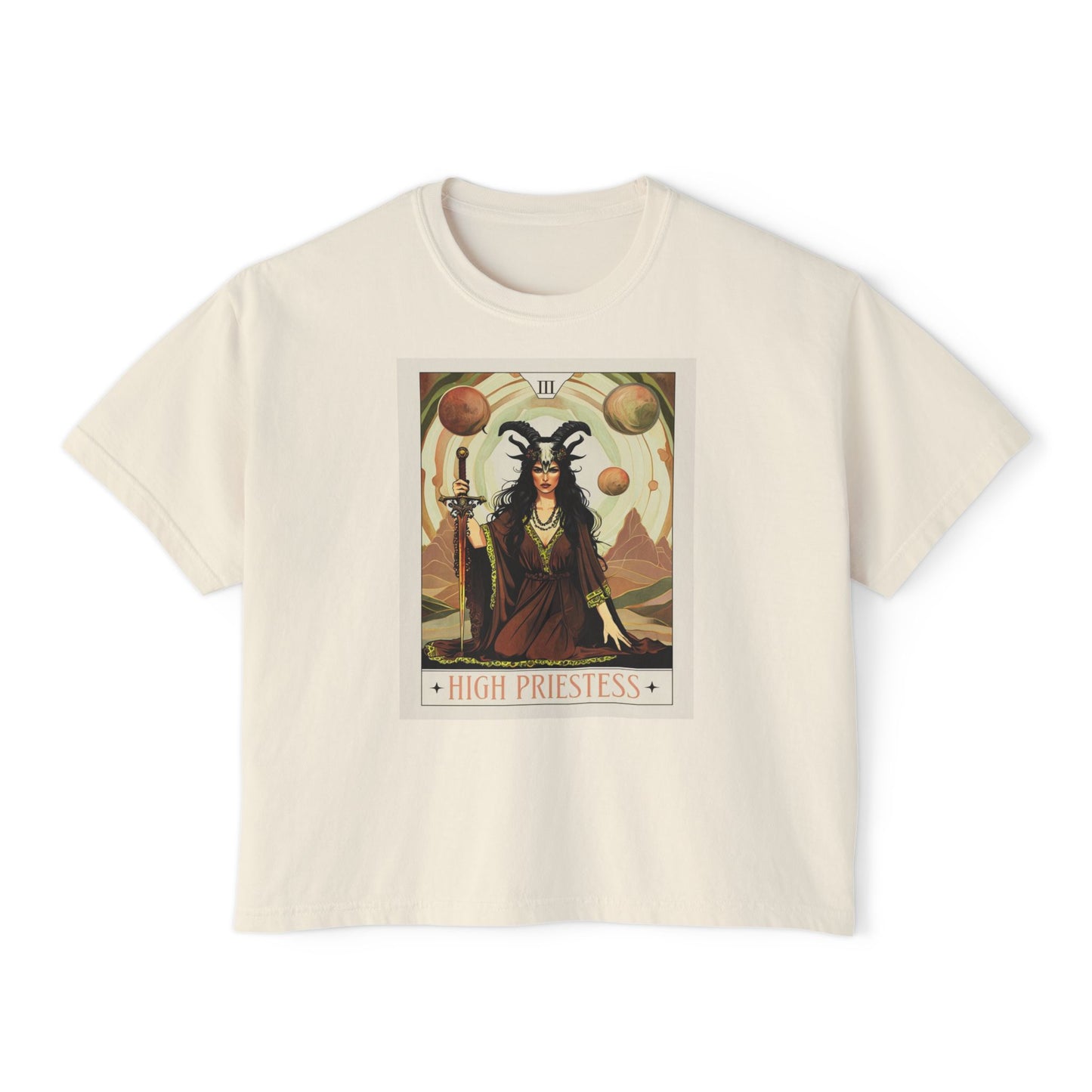 Mystical High Priestess Boxy Tee, Witchy Graphic Tee, Bohemian Oversized Shirt, Spiritual Fashion, Tarot Inspired Top