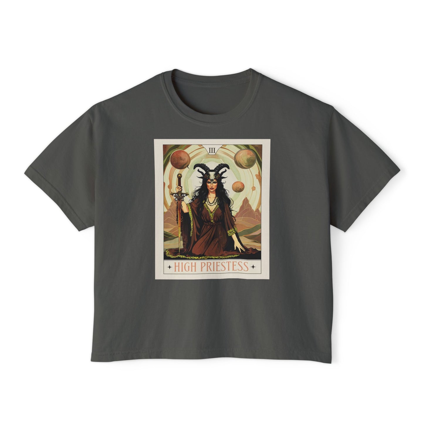 Mystical High Priestess Boxy Tee, Witchy Graphic Tee, Bohemian Oversized Shirt, Spiritual Fashion, Tarot Inspired Top