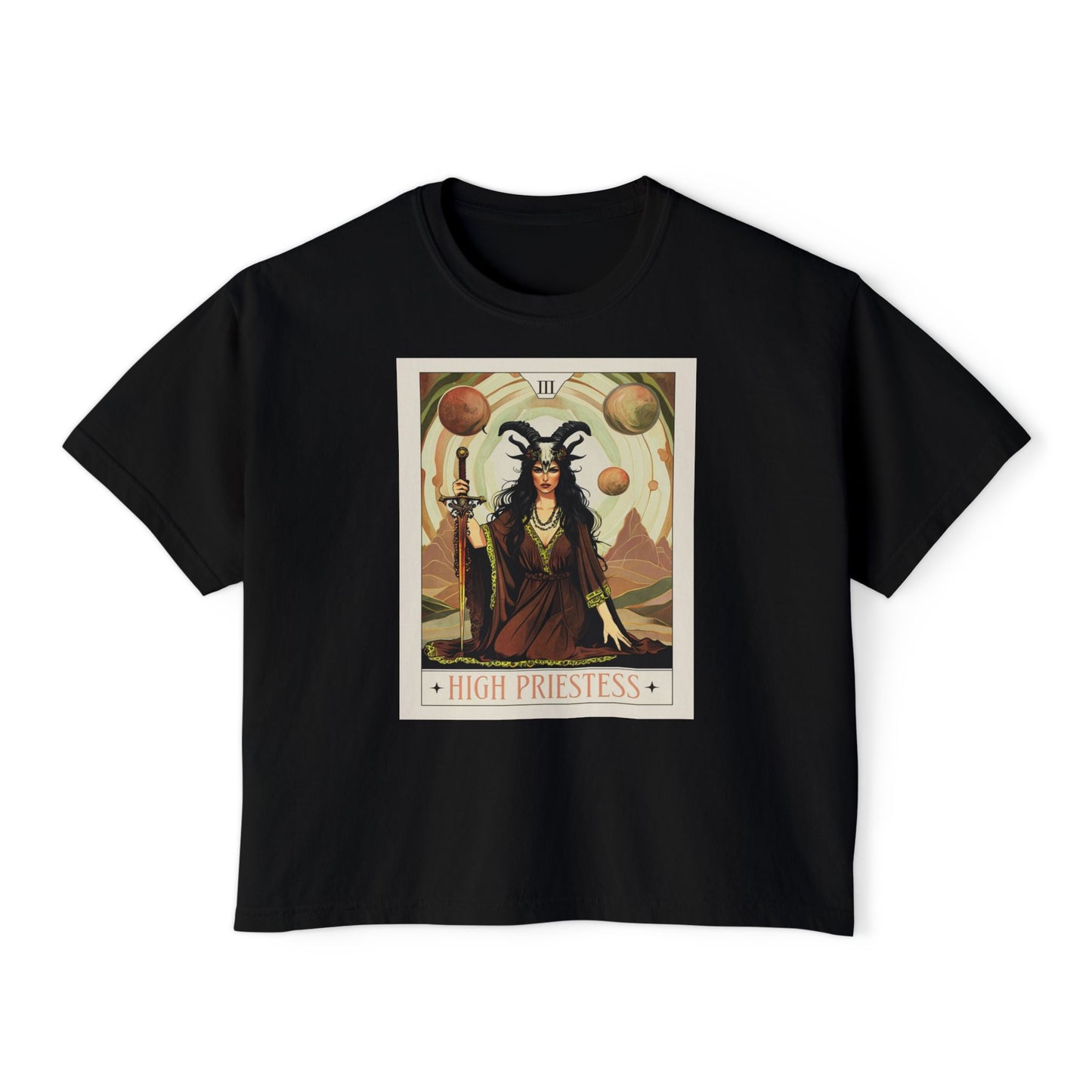 Mystical High Priestess Boxy Tee, Witchy Graphic Tee, Bohemian Oversized Shirt, Spiritual Fashion, Tarot Inspired Top