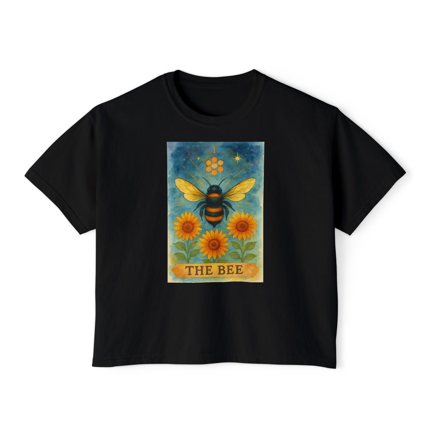The Bee Tarot Design Women's Boxy Tee, Cute Summer Top, Nature Lover Gift, Eco-Friendly Fashion, Casual Everyday Wear, Bee and Sunflower Shirt