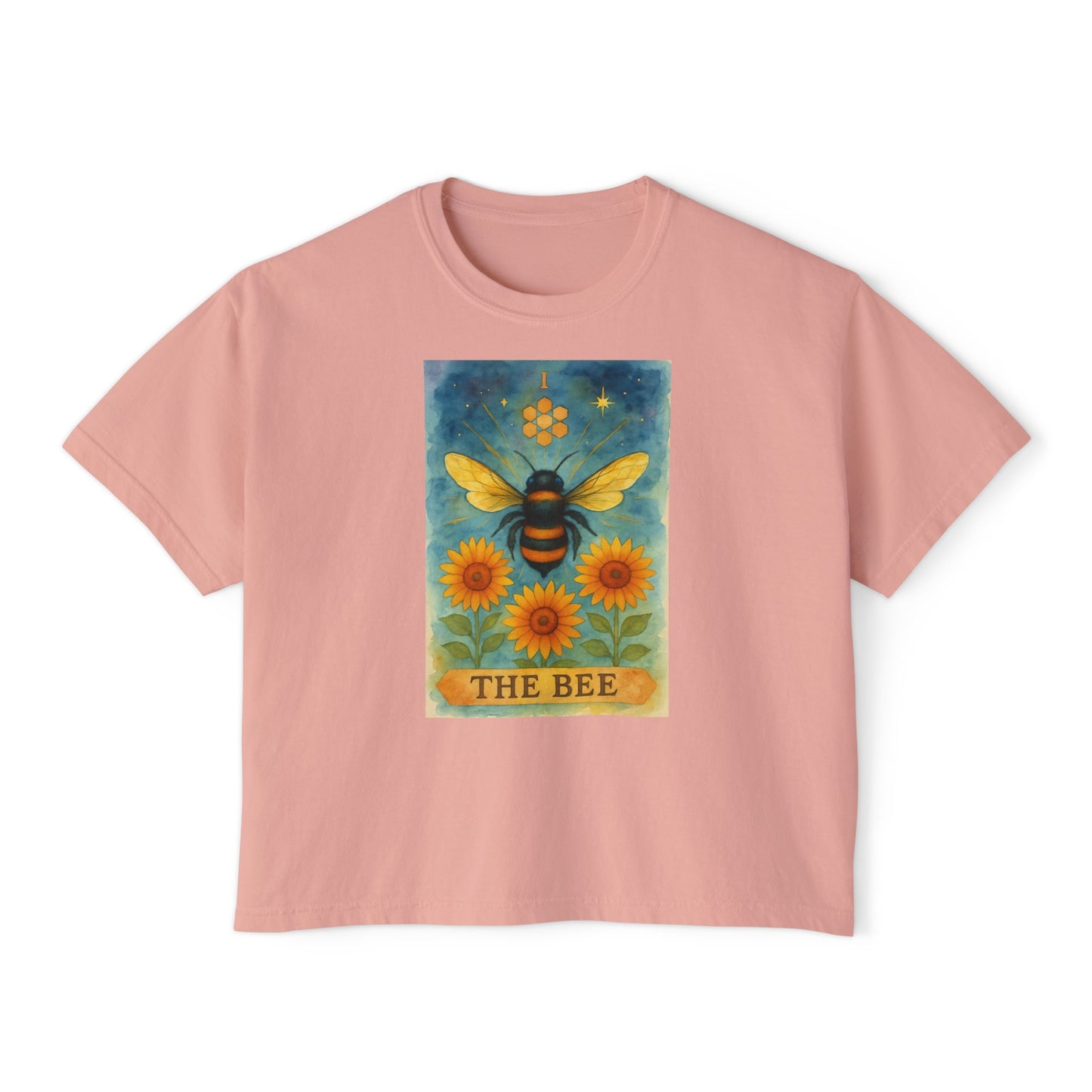 The Bee Tarot Design Women's Boxy Tee, Cute Summer Top, Nature Lover Gift, Eco-Friendly Fashion, Casual Everyday Wear, Bee and Sunflower Shirt