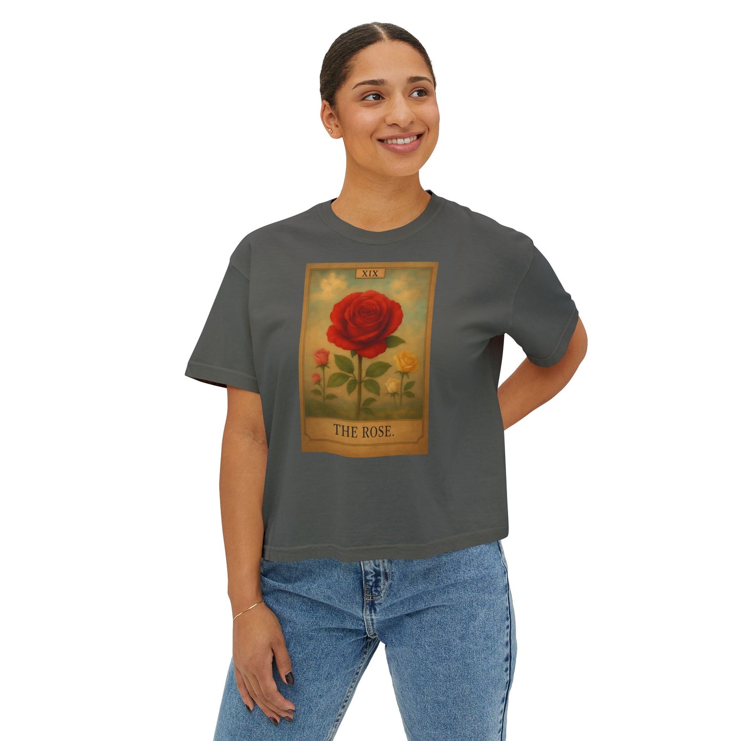 Vintage The Rose Tarot Design Boxy Tee, Comfortable Casual Shirt, Gift for Her, Spring Fashion, Rose Graphic Tee, Everyday Wear